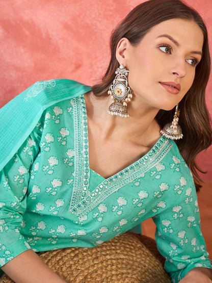Floral Printed V-Neck Mirror Work Pure Cotton Straight Kurta & Trouser & Dupatta