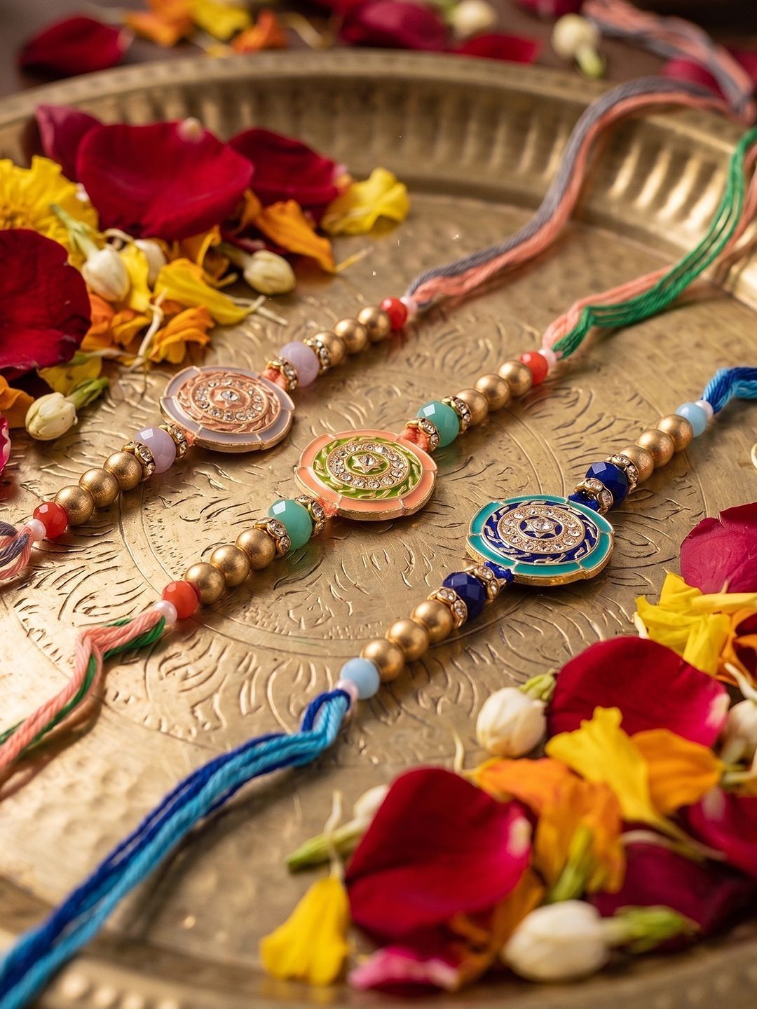 Dhiyona Set Of 3 Floral Design Multicolor Artificial Beads Thread Rakhi With Roli Chawal