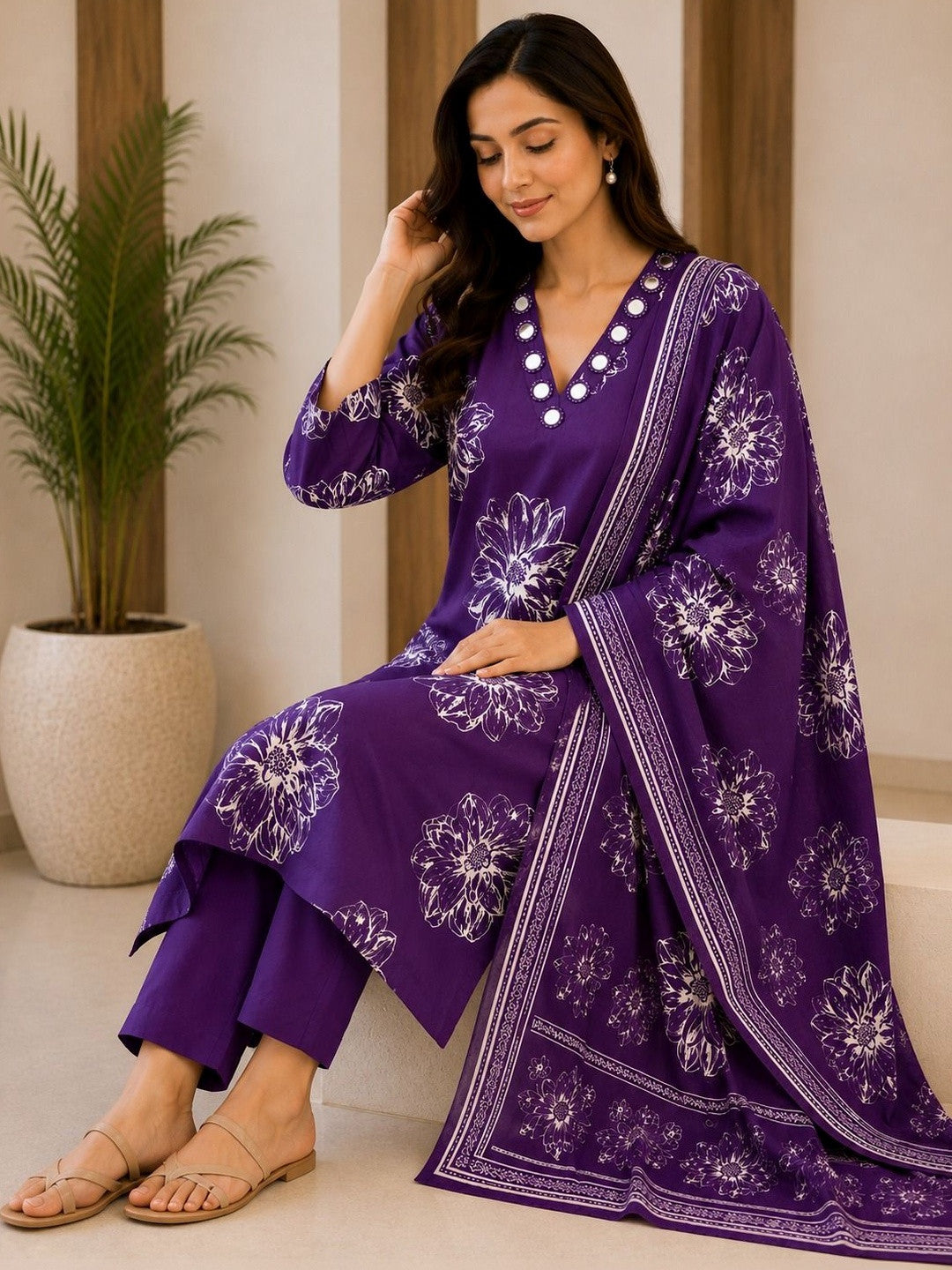 Women Floral Printed Regular Pure Cotton Kurta with Trousers & With Dupatta