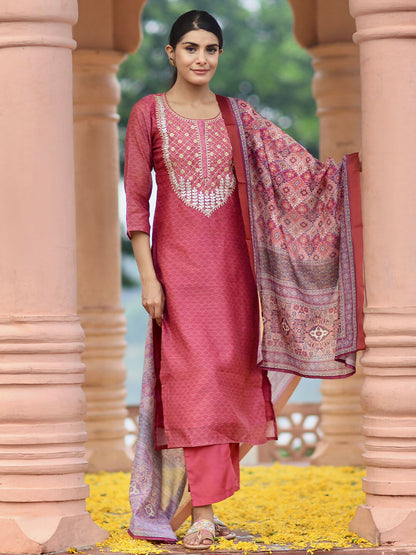 Women's LB Pink Printed Silk Blend Straight Suit With Dupatta