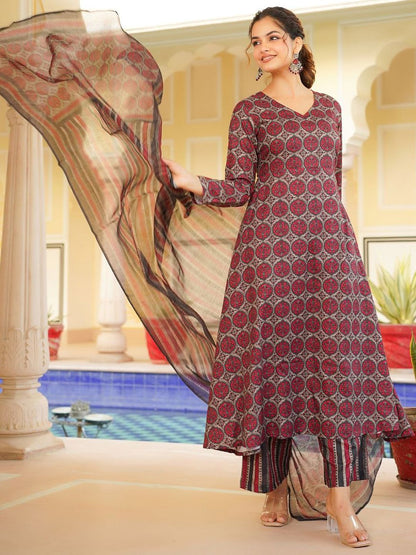 Dhiyona KL Floral Printed V-Neck A-Line Kurta with Palazzos And Dupatta