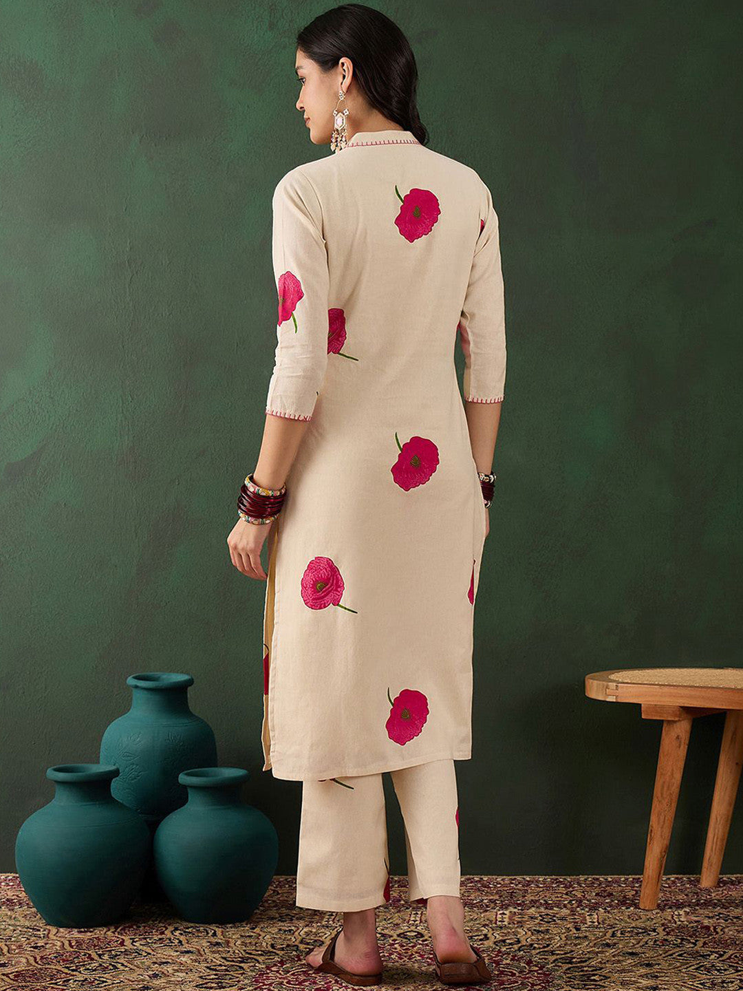 Off White Cotton Floral Printed Kurta With Pant Set