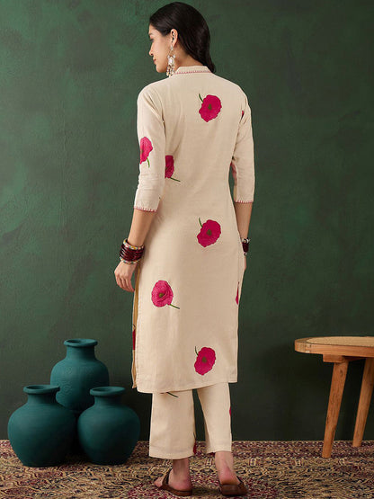 Off White Cotton Floral Printed Kurta With Pant Set
