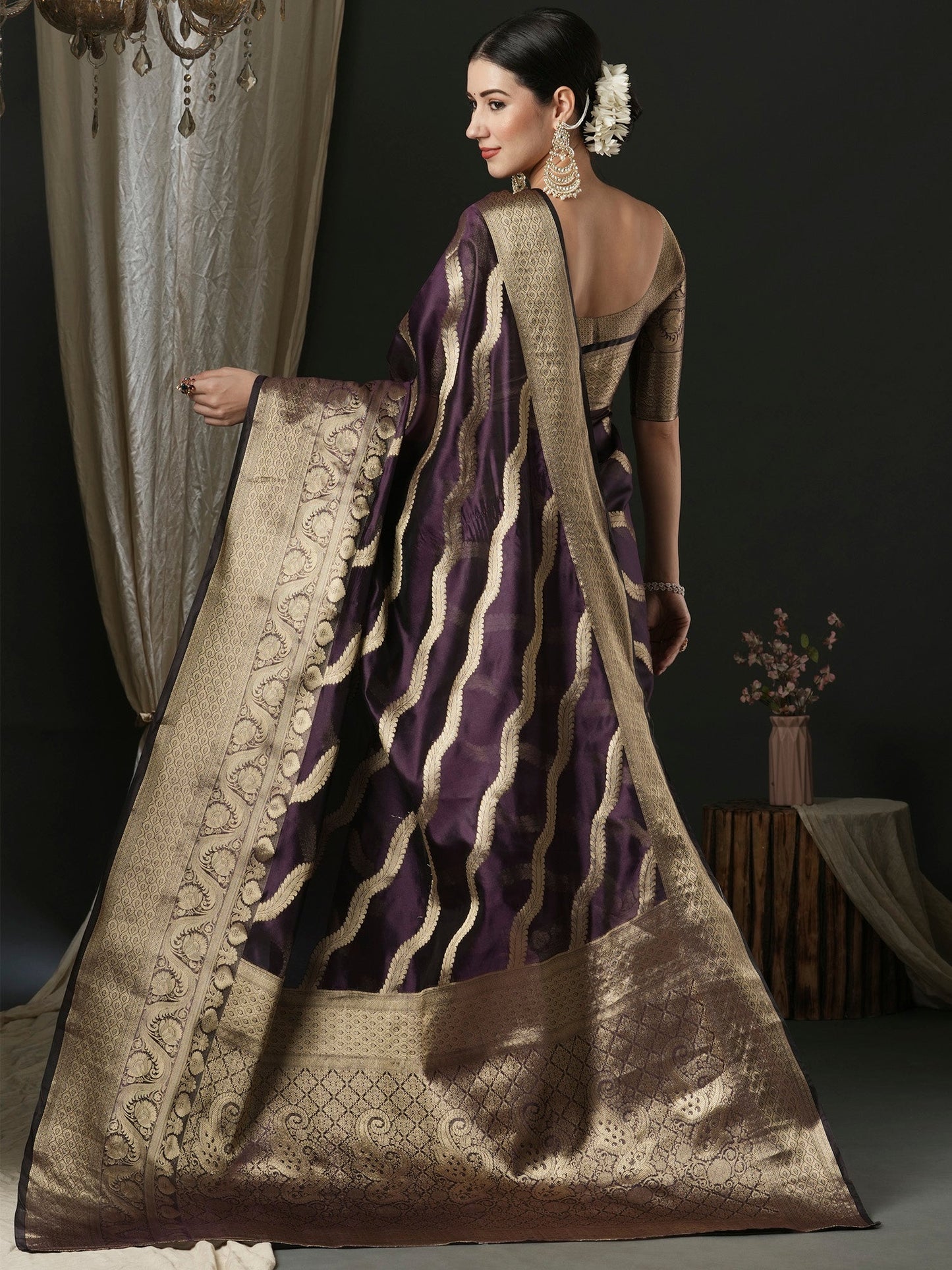 Women's Organza Purple Woven Design Designer Saree With Blouse Piece