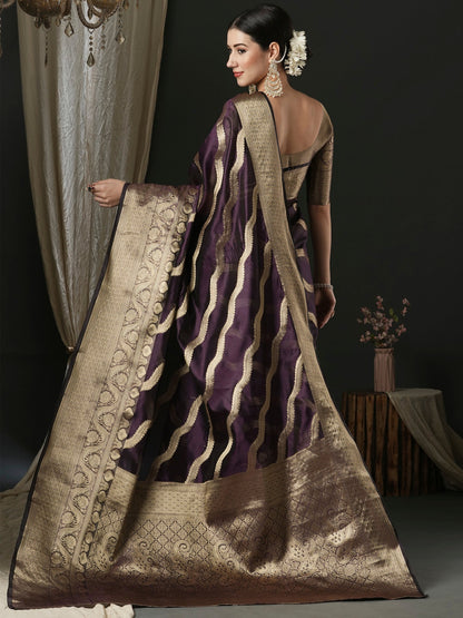Women's Organza Purple Woven Design Designer Saree With Blouse Piece