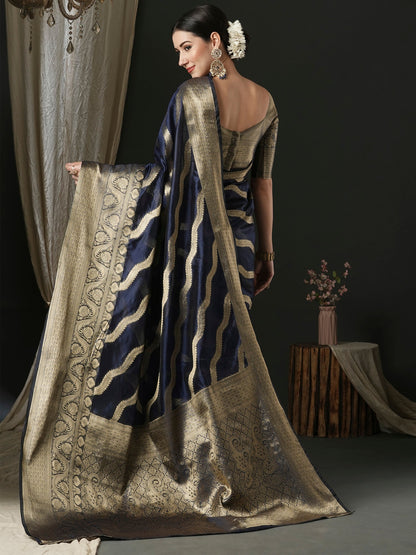 Women's Organza Navy Blue Woven Design Designer Saree With Blouse Piece