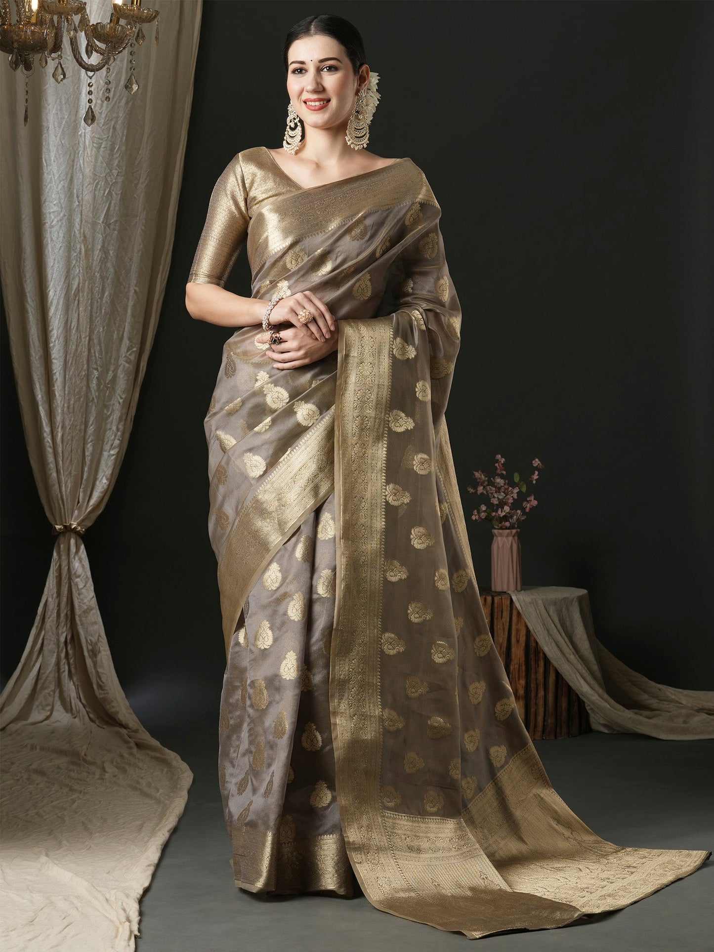 Women's Organza Grey Woven Design Designer Saree With Blouse Piece