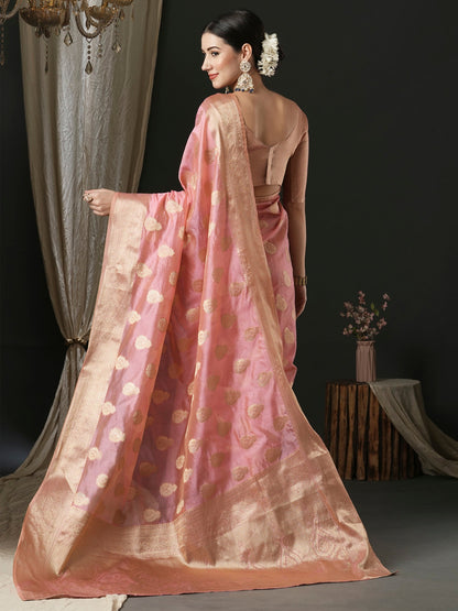 Women's Organza Pink Woven Design Designer Saree With Blouse Piece