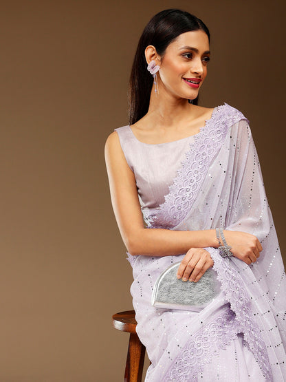 Women's Lycra Lavendar Embellished Designer Saree With Blouse Piece