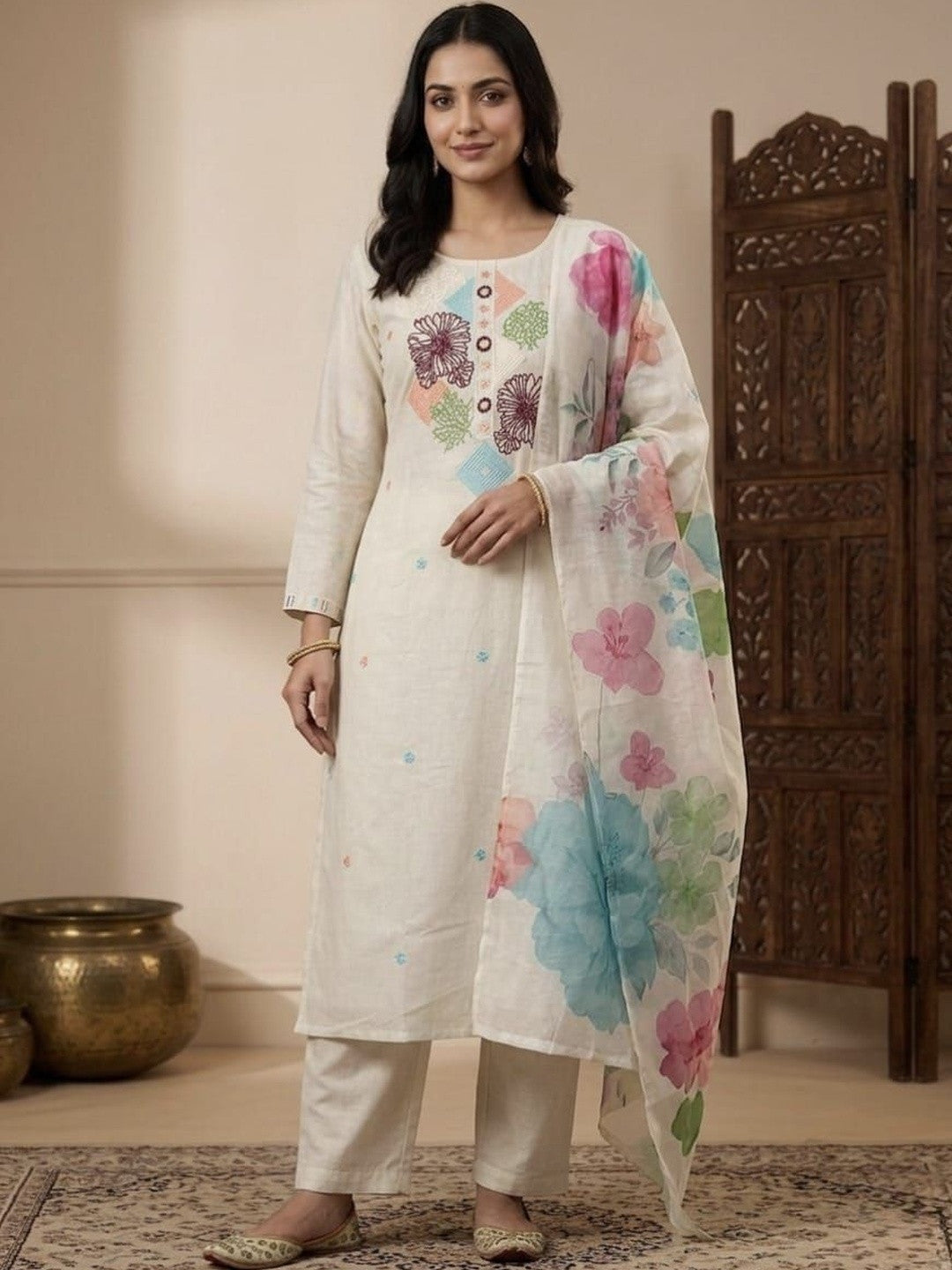 Embroidered Pure Cotton Round Neck Kurta & Trousers With Dupatta