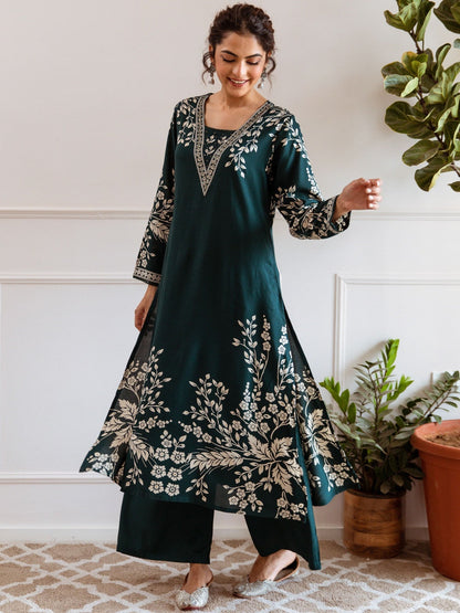 Embroidered & Printed V-Neck Kurta & Palazzos