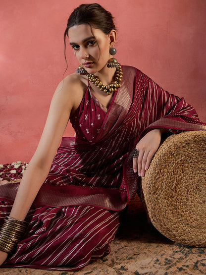 Women's Silk Blend Maroon Printed Designer Saree With Blouse Piece