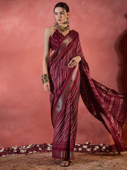 Women's Silk Blend Maroon Printed Designer Saree With Blouse Piece