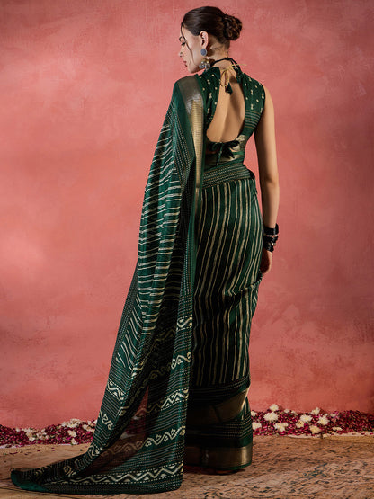 Women's Silk Blend Dark Green Printed Designer Saree With Blouse Piece