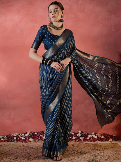 Women's Silk Blend Teal blue Printed Designer Saree With Blouse Piece