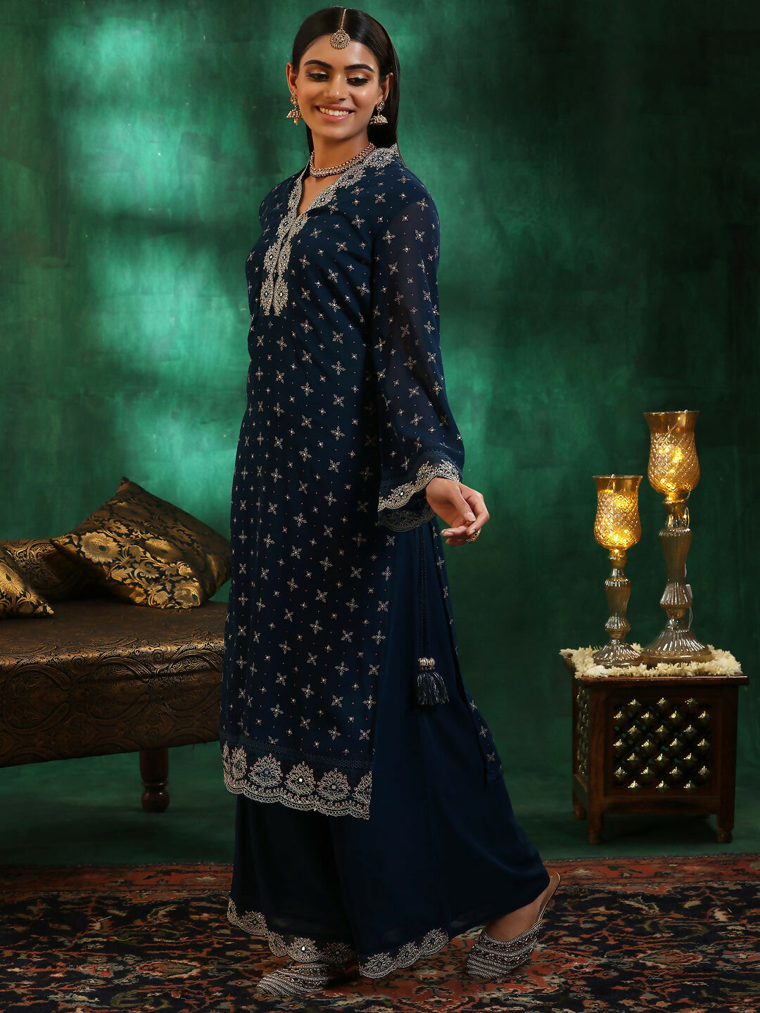 Women's LB Blue Printed Georgette Straight Suit With Dupatta