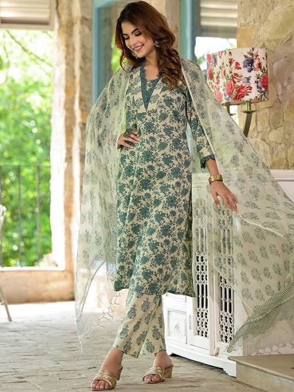 Dhiyona KL Women Floral Printed Regular Pure Cotton Kurta with Trousers & With Dupatta
