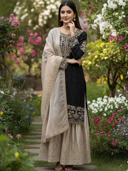 Dhiyona KL Women Ethnic Motifs Embroidered Regular Kurta with Sharara & With Dupatta