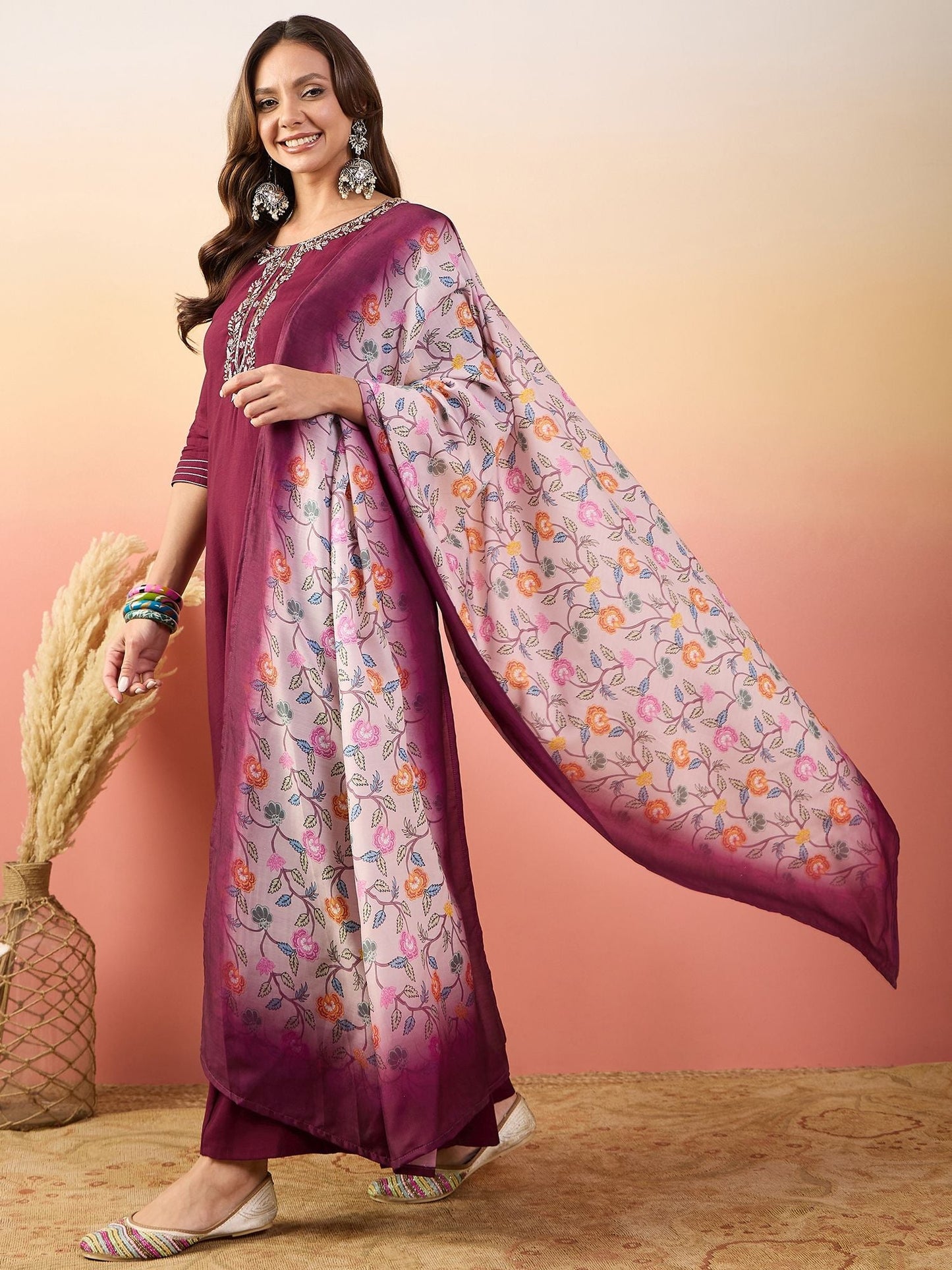 Dhiyona SN Self Design Embroidered A-Line Kurta With Palazzos & Dupatta