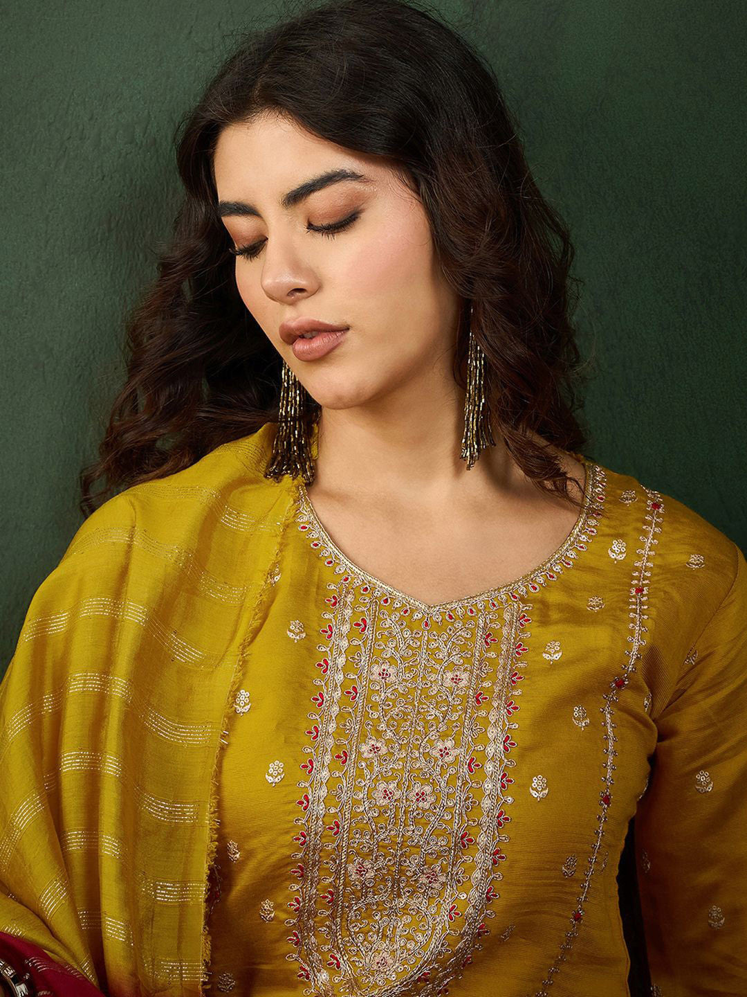 V Neck Embroidered Straight Kurta Set