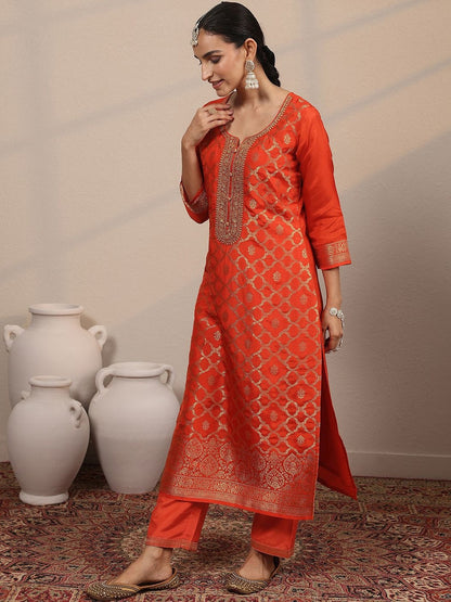 Orange Floral Zari Woven Design Straight Kurta with Solid trouser & Duppatta