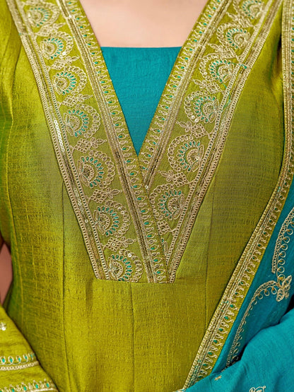 Embroidered V-Neck Kurta & Trousers With Dupatta