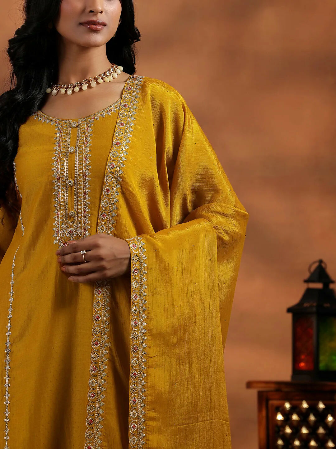 Women's LB Mustard Embroidered Silk Blend Straight Suit With Dupatta