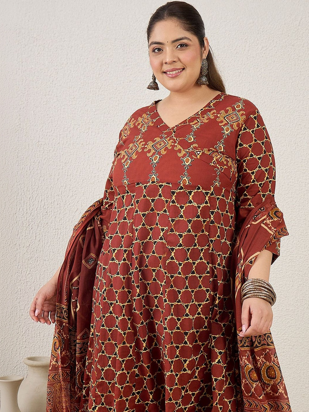 Plus Size Maroon Printed A-Line Kurta Trousers With Dupatta Set