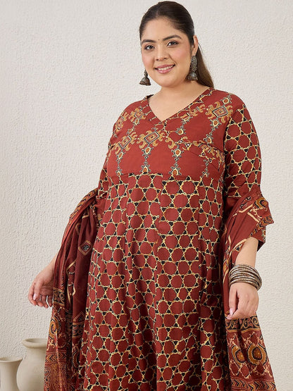 Plus Size Maroon Printed A-Line Kurta Trousers With Dupatta Set