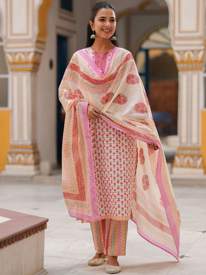 Dhiyona RR Women's Ethnic Motifs Printed Lace Work Pure Cotton Kurta Set With Dupatta