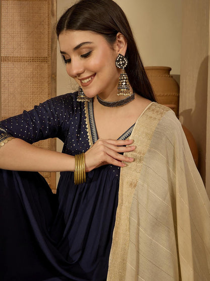 Women Navy Blue Pure Silk Kurta Sets