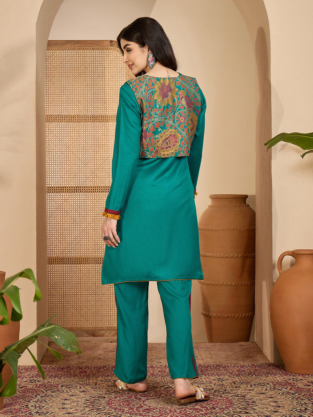 Winter Ethnic three-Piece kurta Set with Tassel-Tie Jacket