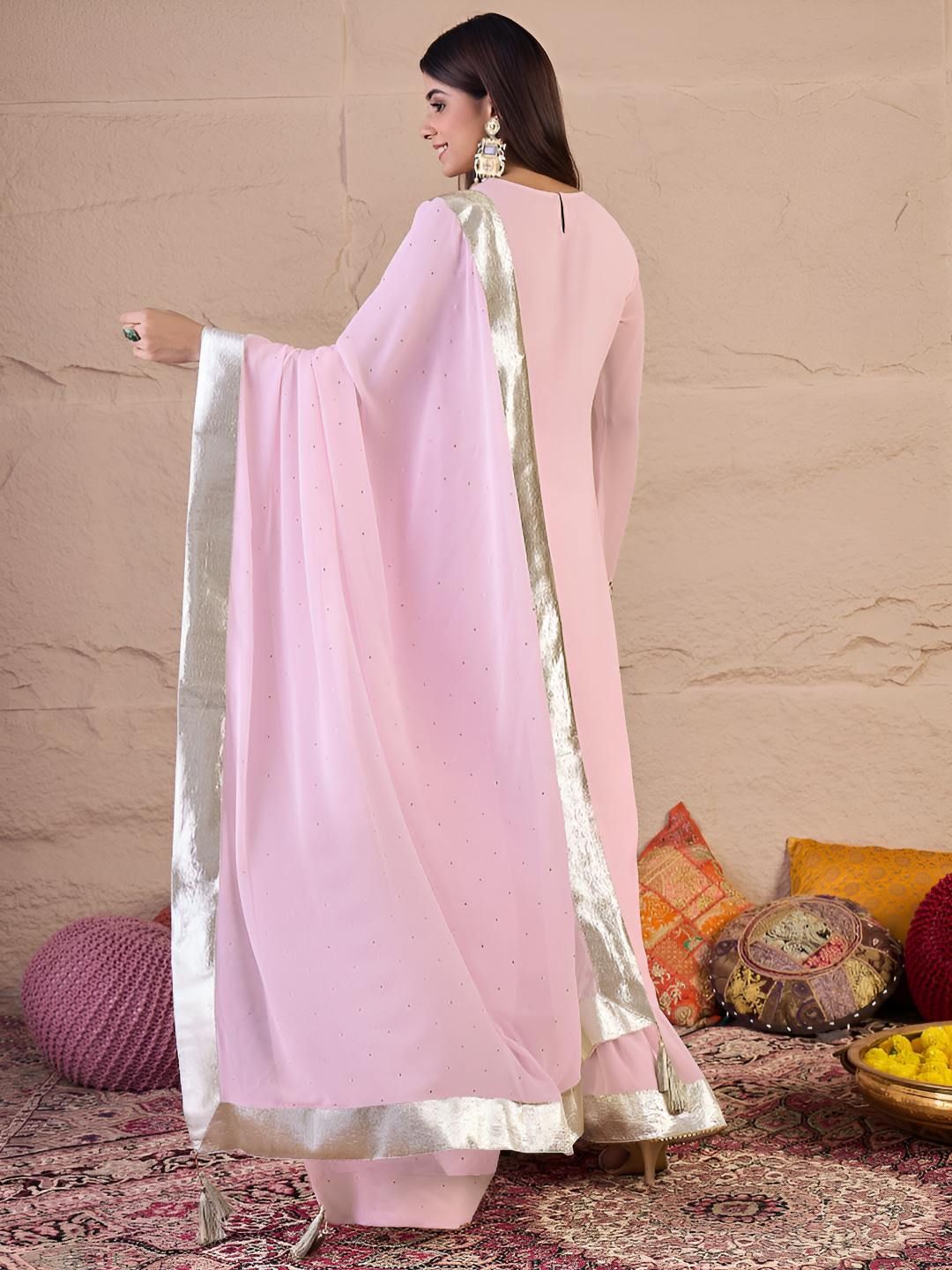 Dhiyona IN Floral Embroidered Thread Work Anarkali Kurta With Palazzos & Dupatta