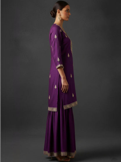 Dhiyona VA Women Ethnic Motifs Embroidered Regular Thread Work Kurta with Sharara & With Dupatta