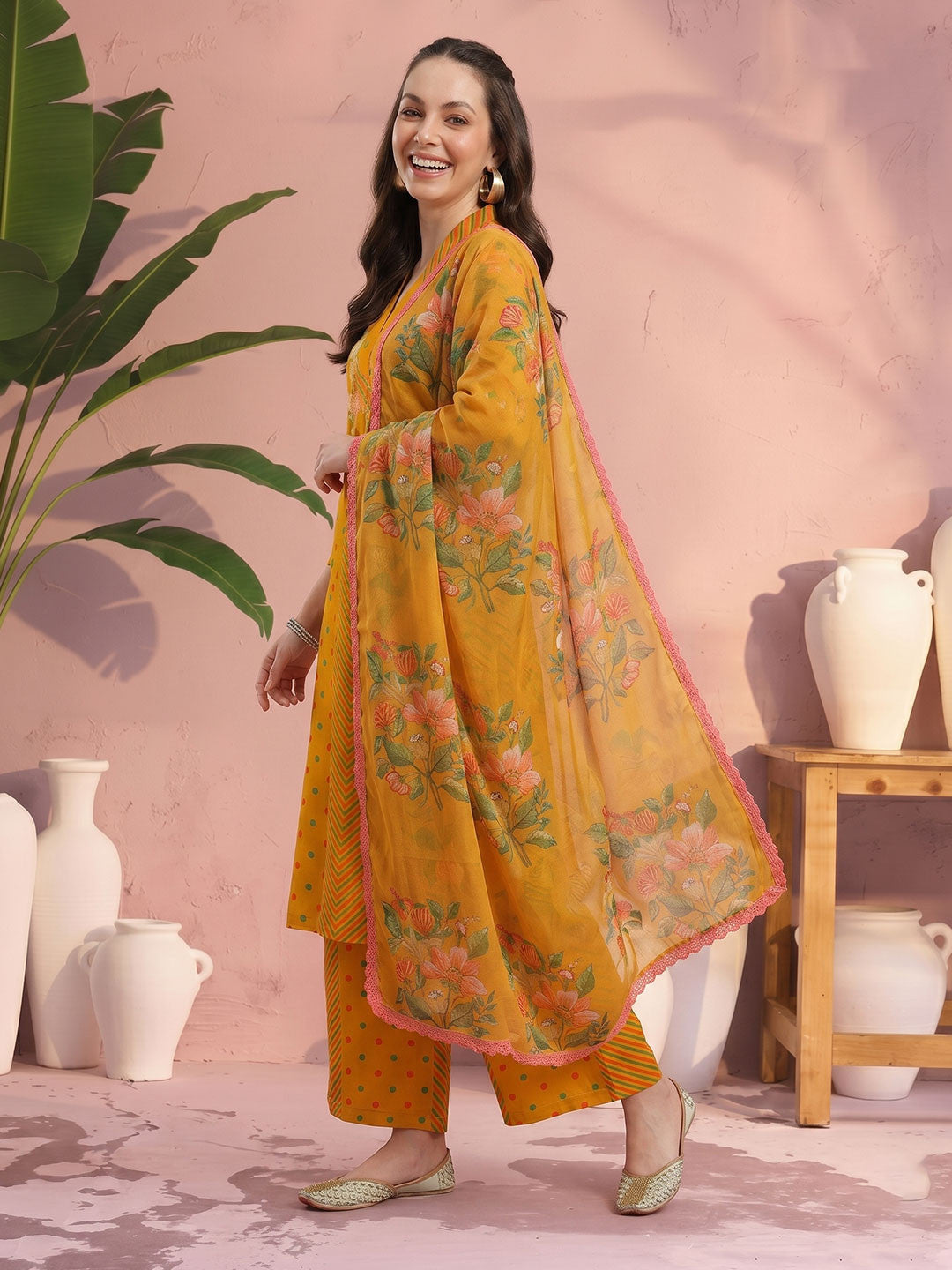 Dhiyona SN Floral Printed Regular Kurta with Trousers & Dupatta