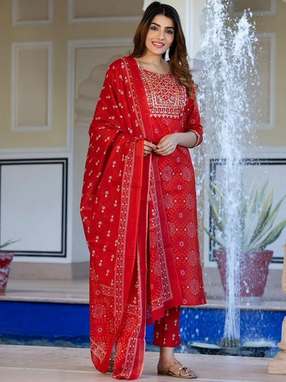 Dhiyona KL Women Bandhani Printed Sequinned Pure Cotton Kurta with Trousers & Dupatta