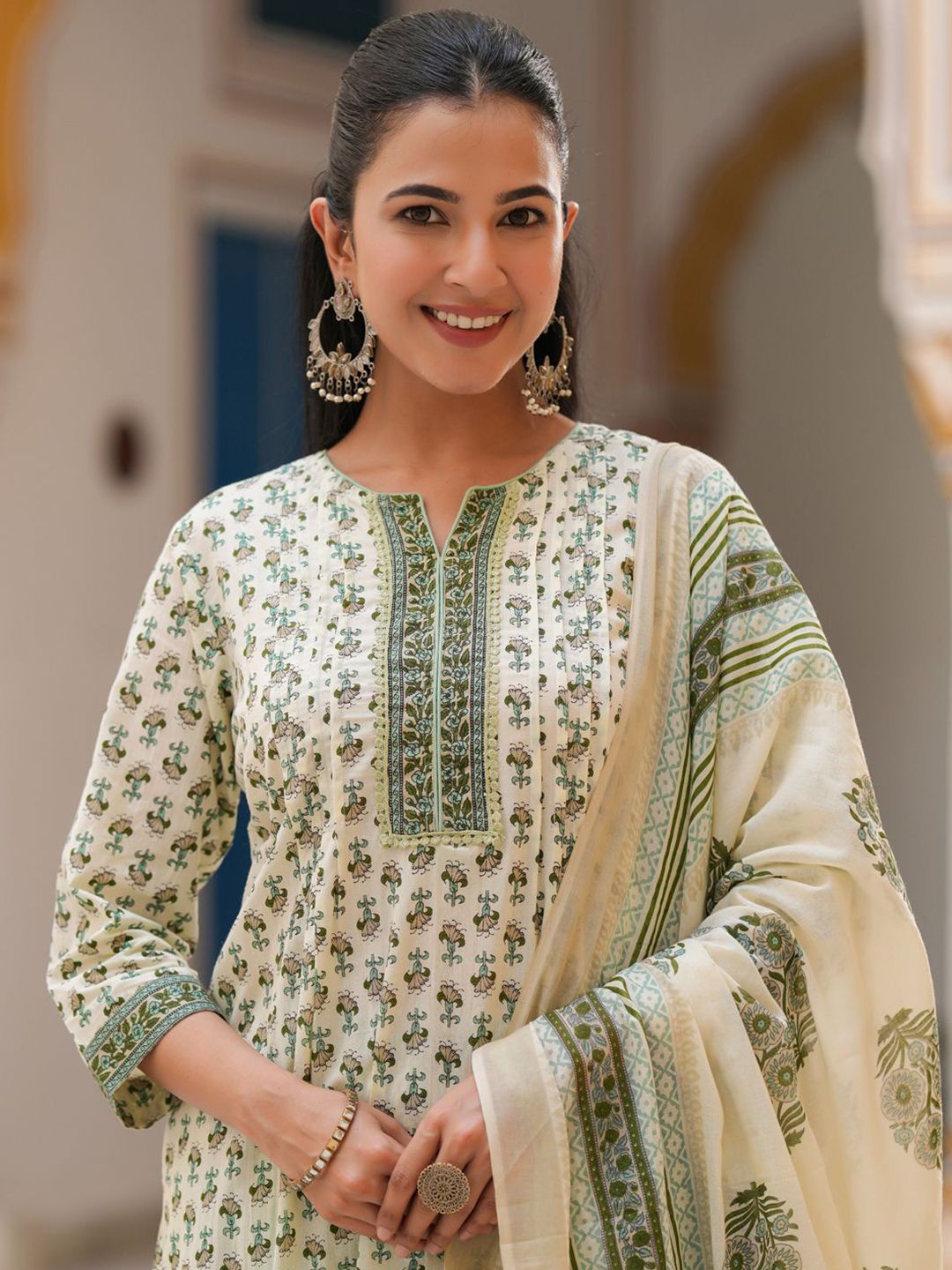 Dhiyona RR Women's Printed Sequinned Pure Cotton Kurta with Trousers & Dupatta