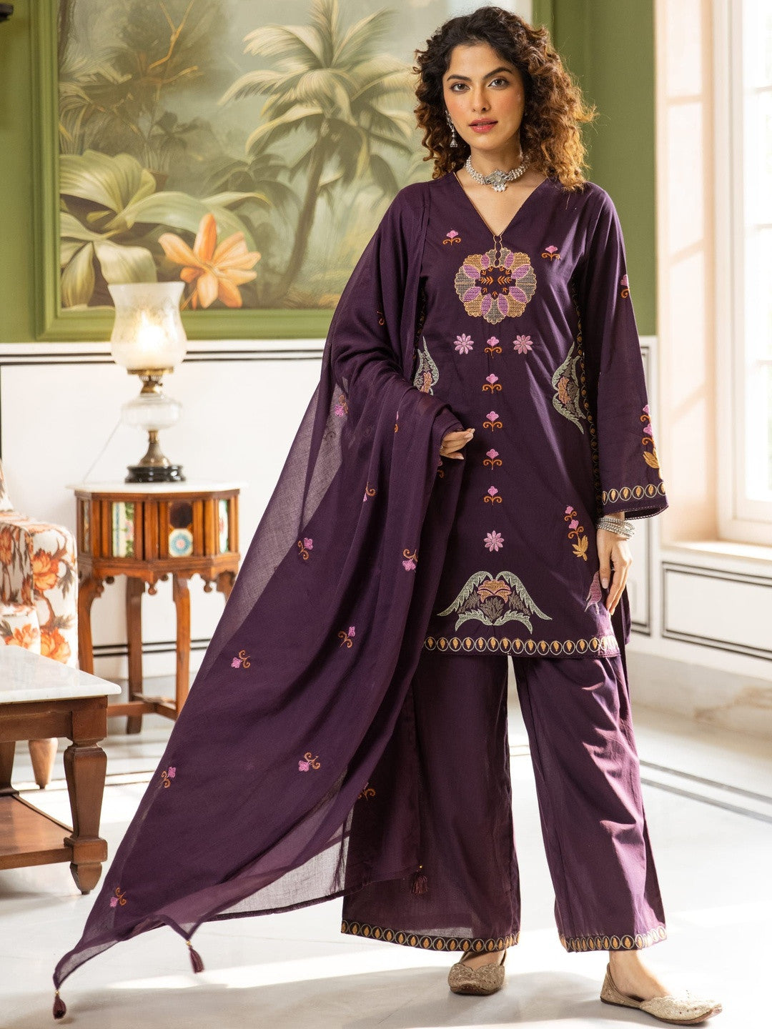 Dhiyona SN Embroidered Pure Cotton V-Neck Kurta & Palazzos With Dupatta