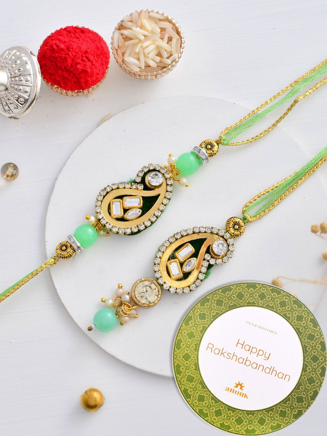 Dhiyona Green Kundan-Studded & Beaded Bhaiya Bhabhi Thread Rakhi