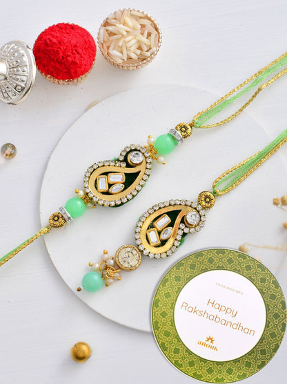 Dhiyona Green Kundan-Studded & Beaded Bhaiya Bhabhi Thread Rakhi