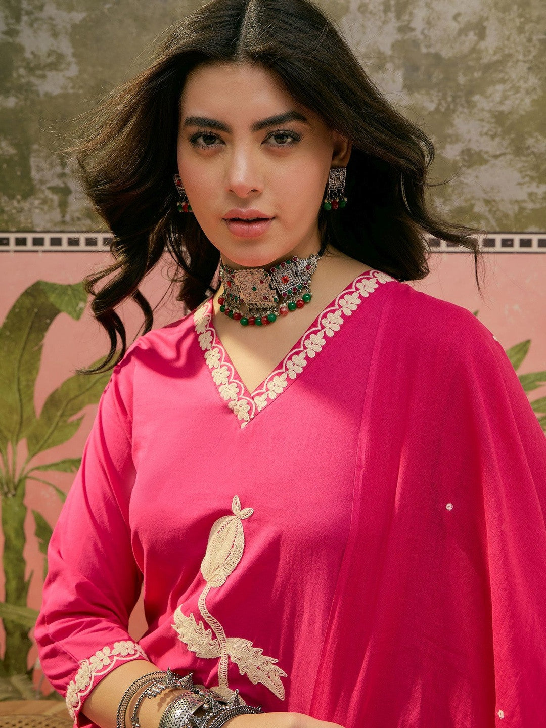 Printed V-Neck Kurta Trousers & Dupatta