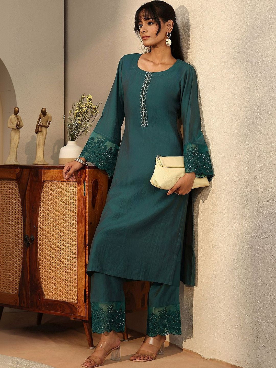 Teal Blue Silk Blend Straight Kurta Set