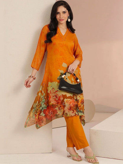 Orange Floral Printed Chiffon High Low Kurta Set