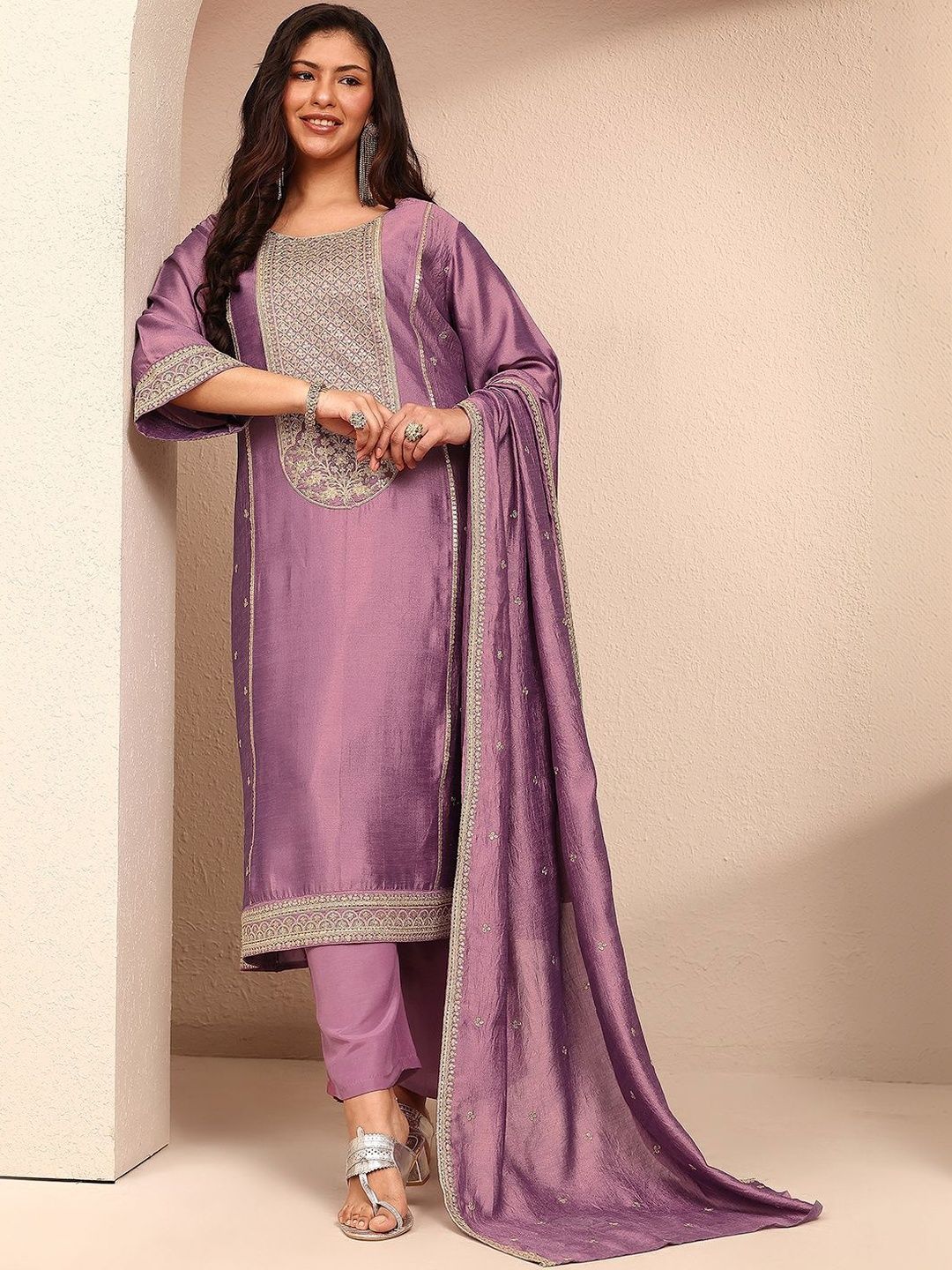 Dhiyona Women's Ethnic Motifs Embroidered Regular Thread Work Kurta with Palazzos & With Dupatta