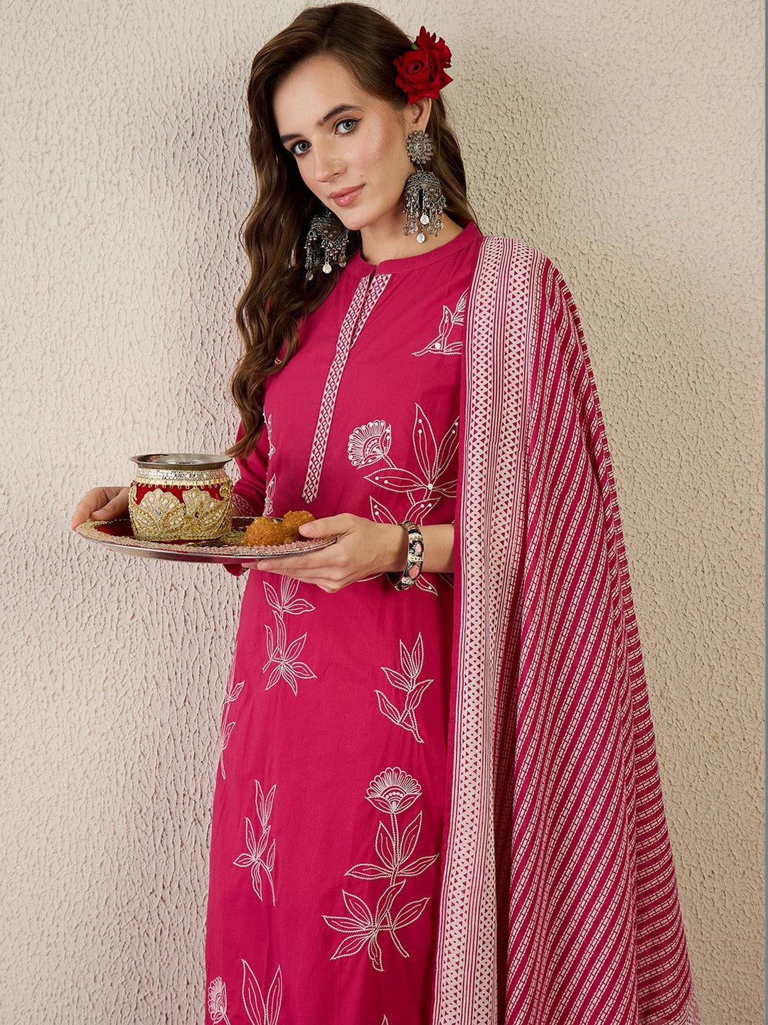 Women Floral Embroidered Regular Beads and Stones Pure Cotton Kurta with Trousers & With Dupatta