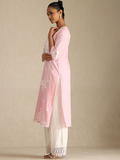 Dhiyona SO Women's Floral Embroidered Notch Neck Thread Work Pure Cotton Straight Kurta With Palazzos