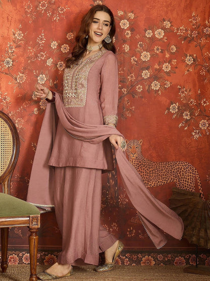 Women Ethnic Motifs Embroidered Regular Thread Work Pure Silk Kurta with Palazzos & With Dupatta