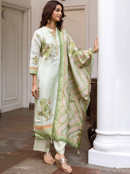 Dhiyona KL Floral Printed Straight Kantha Work Chanderi Silk Kurta With Palazzos And Dupatta