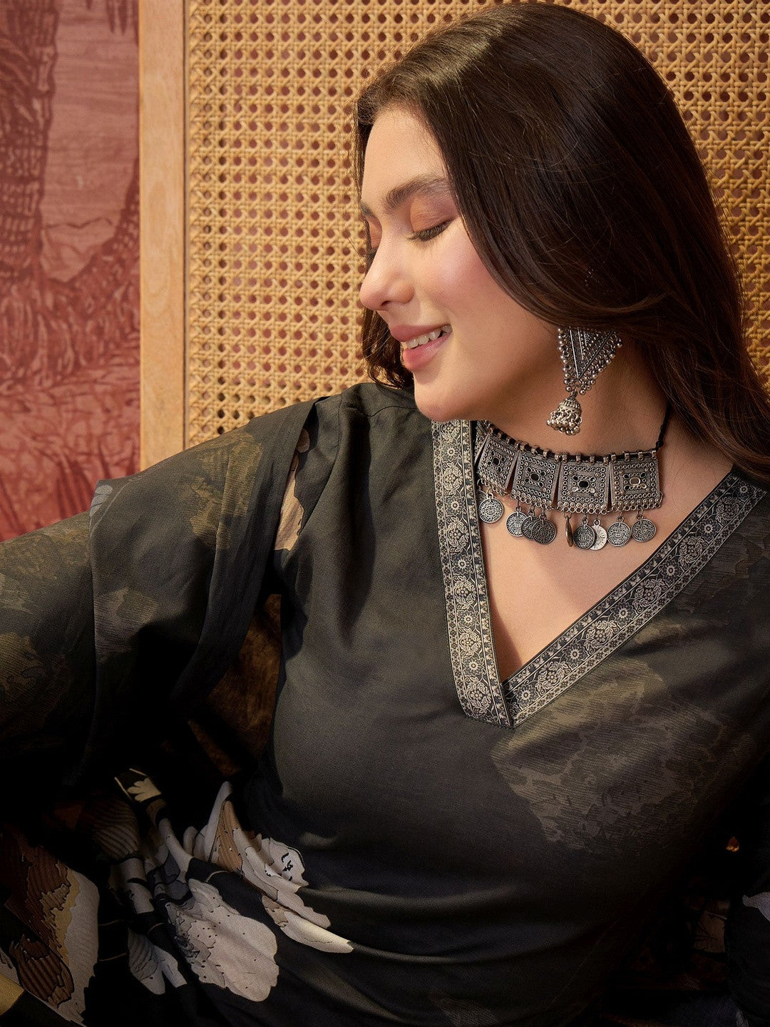 Printed Pure Cotton V-Neck Kurta & Trousers With Dupatta