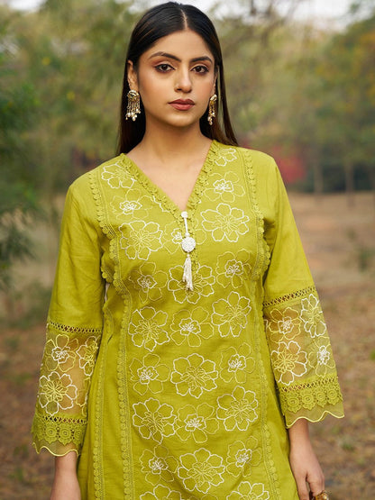Embroidered Pure Cotton V-Neck Kurti & Salwar